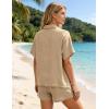 image:imageFlygo Womens Casual 2 Piece Outfits Cotton Linen Sets Button Down Oversized Shirt Shorts 2026 Pajama Lounge Beach SetKhaki