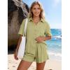 image:imageFlygo Womens Casual 2 Piece Outfits Cotton Linen Sets Button Down Oversized Shirt Shorts 2026 Pajama Lounge Beach SetLight Green