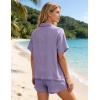 image:imageFlygo Womens Casual 2 Piece Outfits Cotton Linen Sets Button Down Oversized Shirt Shorts 2026 Pajama Lounge Beach SetPurple