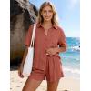 image:imageFlygo Womens Casual 2 Piece Outfits Cotton Linen Sets Button Down Oversized Shirt Shorts 2026 Pajama Lounge Beach SetSalmon
