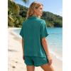 image:imageFlygo Womens Casual 2 Piece Outfits Cotton Linen Sets Button Down Oversized Shirt Shorts 2026 Pajama Lounge Beach SetTeal