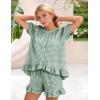 image:imageFlygo Womens Gingham Pajamas Set 2 Piece Cotton Pj Lounge Sets Puff Sleeve Ruffle Babydoll Shirt Shorts Summer OutfitsGreen