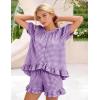 image:imageFlygo Womens Gingham Pajamas Set 2 Piece Cotton Pj Lounge Sets Puff Sleeve Ruffle Babydoll Shirt Shorts Summer OutfitsPurple