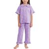 image:imageFlygo Girls 2 Piece Gingham Clothing Set Cotton Short Sleeve Button Down Ruffle Tops Cute Plaid Wide Leg Pants Outfits SetsPurple