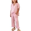image:imageFlygo Girls Gingham 2 Piece Outfits Cotton Plaid Short Sleeve Button Down Peplum Top and Y2K Cute Ruffle Long Pants SetsPink