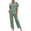 image:imageFlygo Womens Button Down Pajama Set Short Sleeve Top Long Pants Soft Loungewear Pjs Set with PocketsBeangreen