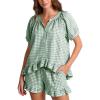 image:imageFlygo Womens Gingham Pajamas Set 2 Piece Cotton Pj Lounge Sets Puff Sleeve Ruffle Babydoll Shirt Shorts Summer OutfitsGreen