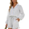 image:imageFlygo Womens Striped Ruffle Pajama Set Puff Sleeve Button Down Outfits Lounge Set 2 Piece Short Pants Pjs with PocketsBlack