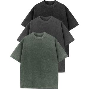 image:imageFlygo 3 Pack Men Oversized T Shirts Acid Washed Unisex Tee Loose Fit Short Sleeve Casual Streetwear Baggy Basic TopsBlackdarkgreyarmygreen