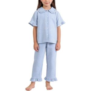 image:imageFlygo Girls 2 Piece Gingham Clothing Set Cotton Short Sleeve Button Down Ruffle Tops Cute Plaid Wide Leg Pants Outfits SetsBlue