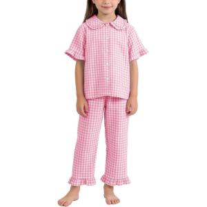 image:imageFlygo Girls 2 Piece Gingham Clothing Set Cotton Short Sleeve Button Down Ruffle Tops Cute Plaid Wide Leg Pants Outfits SetsPink