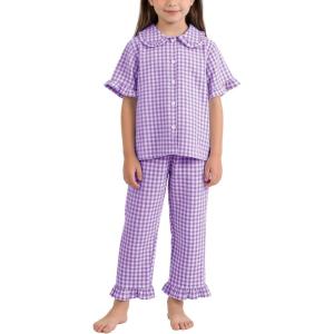 image:imageFlygo Girls 2 Piece Gingham Clothing Set Cotton Short Sleeve Button Down Ruffle Tops Cute Plaid Wide Leg Pants Outfits SetsPurple