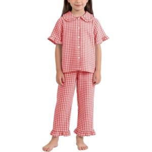image:imageFlygo Girls 2 Piece Gingham Clothing Set Cotton Short Sleeve Button Down Ruffle Tops Cute Plaid Wide Leg Pants Outfits SetsWatermelon