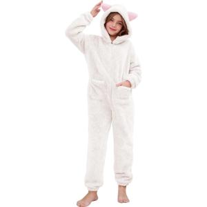 image:imageFlygo Girls Fleece Jumpsuits Fuzzy Hooded Onesie Rompers Kids Zip One Piece Romper Costume Warm Winter Clothes 514 YearsBeige