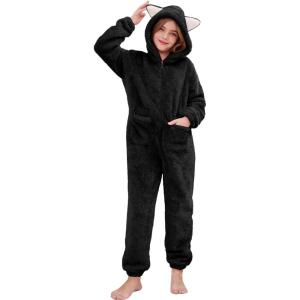 image:imageFlygo Girls Fleece Jumpsuits Fuzzy Hooded Onesie Rompers Kids Zip One Piece Romper Costume Warm Winter Clothes 514 YearsBlack