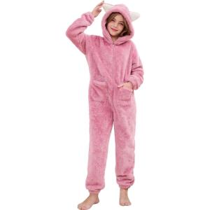 image:imageFlygo Girls Fleece Jumpsuits Fuzzy Hooded Onesie Rompers Kids Zip One Piece Romper Costume Warm Winter Clothes 514 YearsPink
