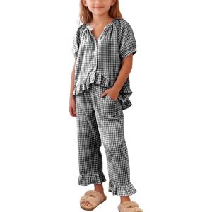 image:imageFlygo Girls Gingham 2 Piece Outfits Cotton Plaid Short Sleeve Button Down Peplum Top and Y2K Cute Ruffle Long Pants SetsBlack