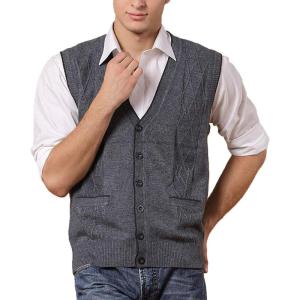 image:imageFlygo Mens Basic VNeck Jacquard Knitted Sweater Vest Waistcoat with Button Front Large Dark Grey