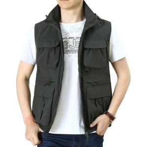 image:imageFlygo Mens Casual Lightweight Hooded Outdoor Work Fishing Travel Photo Vest Jacket XLarge Army Green