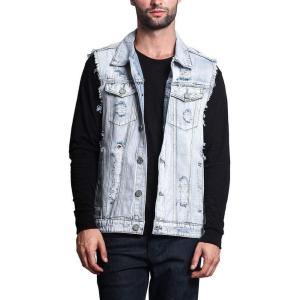 image:imageFlygo Mens Classic Button Down Ripped Denim Jean Vest Sleeveless Jacket XLarge Light Blue
