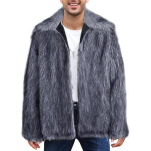 image:imageFlygo Mens Faux Fur Coat Winter Jackets Fluffy Lapel Long Sleeve Furry Fur Jacket Coats Thick OuterwearGrey