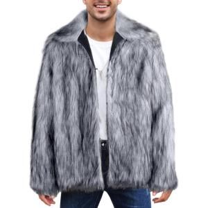image:imageFlygo Mens Faux Fur Coat Winter Jackets Fluffy Lapel Long Sleeve Furry Fur Jacket Coats Thick OuterwearWhite Grey