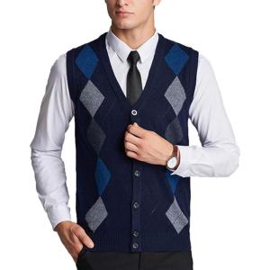 image:imageFlygo Mens Wool Button Front Argyle V Neck Sweater Vest Small Navy
