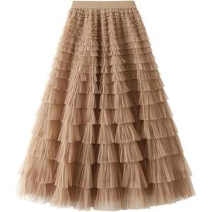 image:imageFlygo Tulle Skirts for Girls Long Tutu Skirt A Line Layered Ruffle Tiered Mesh Maxi Skirt Petticoat 514 YearsKhaki