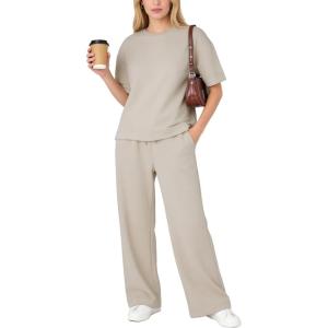 image:imageFlygo Womens 2 Piece Lounge Sets Summer Short Sleeve Sweatsuit Casual Wide Leg Matching Pants Travel Airport Outfits PocketsApricot