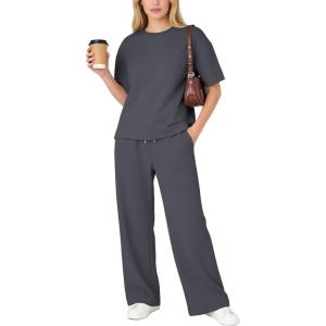 image:imageFlygo Womens 2 Piece Lounge Sets Summer Short Sleeve Sweatsuit Casual Wide Leg Matching Pants Travel Airport Outfits PocketsDarkgrey
