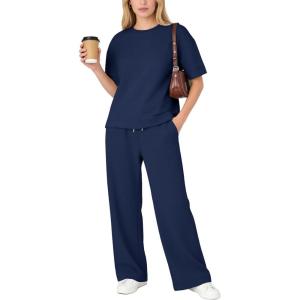 image:imageFlygo Womens 2 Piece Lounge Sets Summer Short Sleeve Sweatsuit Casual Wide Leg Matching Pants Travel Airport Outfits PocketsNavy