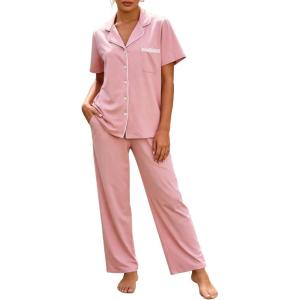 image:imageFlygo Womens Button Down Pajama Set Short Sleeve Top Long Pants Soft Loungewear Pjs Set with PocketsPink