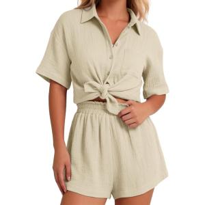 image:imageFlygo Womens Casual 2 Piece Outfits Cotton Linen Sets Button Down Oversized Shirt Shorts 2026 Pajama Lounge Beach SetBeige
