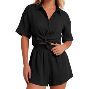 image:imageFlygo Womens Casual 2 Piece Outfits Cotton Linen Sets Button Down Oversized Shirt Shorts 2026 Pajama Lounge Beach SetBlack
