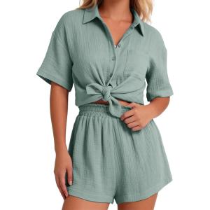 image:imageFlygo Womens Casual 2 Piece Outfits Cotton Linen Sets Button Down Oversized Shirt Shorts 2026 Pajama Lounge Beach SetBlue Grey