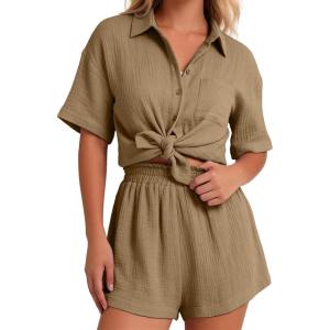 image:imageFlygo Womens Casual 2 Piece Outfits Cotton Linen Sets Button Down Oversized Shirt Shorts 2026 Pajama Lounge Beach SetDark Khaki
