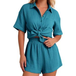 image:imageFlygo Womens Casual 2 Piece Outfits Cotton Linen Sets Button Down Oversized Shirt Shorts 2026 Pajama Lounge Beach SetDark Teal