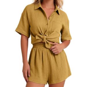 image:imageFlygo Womens Casual 2 Piece Outfits Cotton Linen Sets Button Down Oversized Shirt Shorts 2026 Pajama Lounge Beach SetGinger