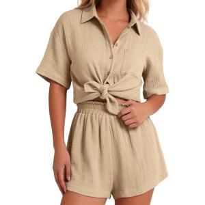 image:imageFlygo Womens Casual 2 Piece Outfits Cotton Linen Sets Button Down Oversized Shirt Shorts 2026 Pajama Lounge Beach SetKhaki