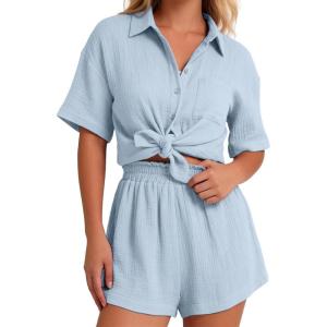 image:imageFlygo Womens Casual 2 Piece Outfits Cotton Linen Sets Button Down Oversized Shirt Shorts 2026 Pajama Lounge Beach SetLight Blue
