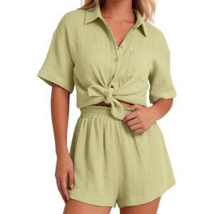 image:imageFlygo Womens Casual 2 Piece Outfits Cotton Linen Sets Button Down Oversized Shirt Shorts 2026 Pajama Lounge Beach SetLight Green
