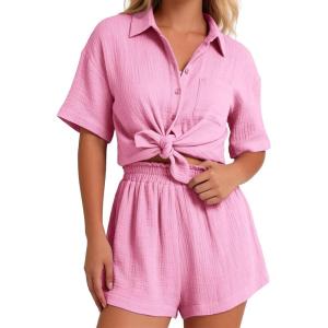 image:imageFlygo Womens Casual 2 Piece Outfits Cotton Linen Sets Button Down Oversized Shirt Shorts 2026 Pajama Lounge Beach SetLight Pink
