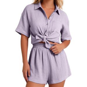 image:imageFlygo Womens Casual 2 Piece Outfits Cotton Linen Sets Button Down Oversized Shirt Shorts 2026 Pajama Lounge Beach SetLight Purple