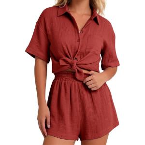 image:imageFlygo Womens Casual 2 Piece Outfits Cotton Linen Sets Button Down Oversized Shirt Shorts 2026 Pajama Lounge Beach SetRust