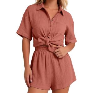 image:imageFlygo Womens Casual 2 Piece Outfits Cotton Linen Sets Button Down Oversized Shirt Shorts 2026 Pajama Lounge Beach SetSalmon