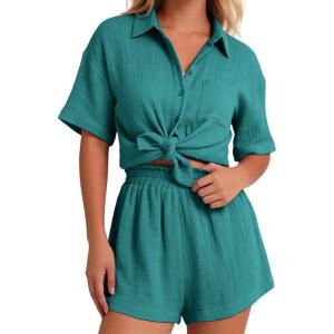 image:imageFlygo Womens Casual 2 Piece Outfits Cotton Linen Sets Button Down Oversized Shirt Shorts 2026 Pajama Lounge Beach SetTeal