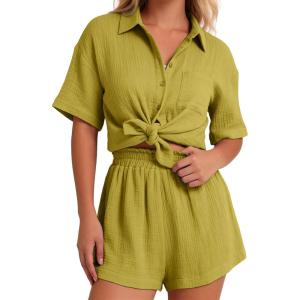 image:imageFlygo Womens Casual 2 Piece Outfits Cotton Linen Sets Button Down Oversized Shirt Shorts 2026 Pajama Lounge Beach SetYellow