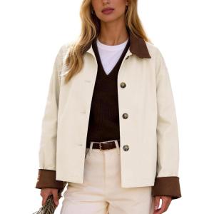 image:imageFlygo Womens Casual Jackets Cropped Trench Coat Contrast Collar Button Down Loose 2026 Spring Fall JacketBeige