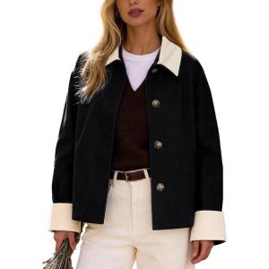 image:imageFlygo Womens Casual Jackets Cropped Trench Coat Contrast Collar Button Down Loose 2026 Spring Fall JacketBlack