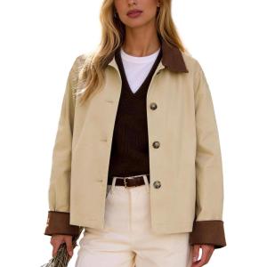 image:imageFlygo Womens Casual Jackets Cropped Trench Coat Contrast Collar Button Down Loose 2026 Spring Fall JacketKhaki